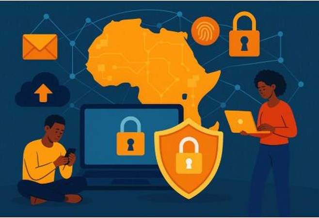 Mchoro unaoonyesha usalama wa mtandao Afrika, na watu wakitumia vifaa vya kidijitali.