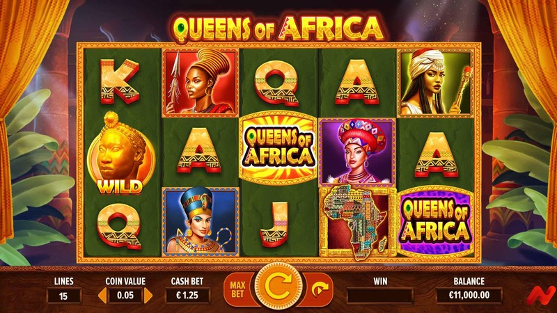 Mchezo wa sloti Queens of Africa unaoonyesha alama na michoro ya Afrika.