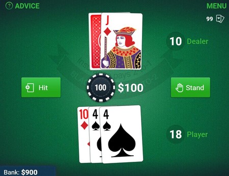 Skrini ya mchezo wa blackjack inaonyesha kadi za mchezaji na dealer pamoja na vitufe vya hit na stand.