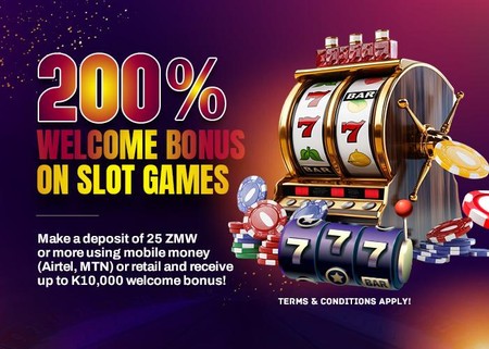 Tangazo la bonasi ya karibu kwenye michezo ya slot linaonyesha maandishi ya 200% welcome bonus na mashine ya slot.