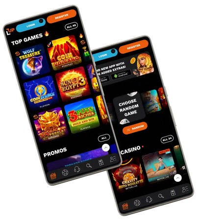 Simu mbili zinaonyesha programu ya kasino yenye michezo ya slot, promosheni na chaguo la random game.