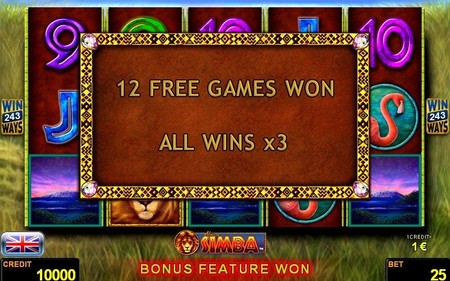 Skrini ya slot inaonyesha ujumbe wa 12 free games won na bonus feature won.