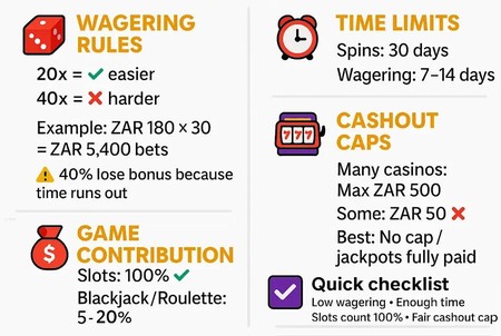 Mchoro unaoeleza masharti ya bonus ya kasino kama wagering, muda, mchango wa michezo na kikomo cha cashout.