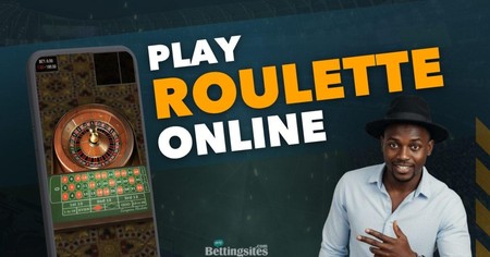 Tangazo la kucheza roulette mtandaoni likiwa na simu inayoonyesha mchezo na mwanaume pembeni.