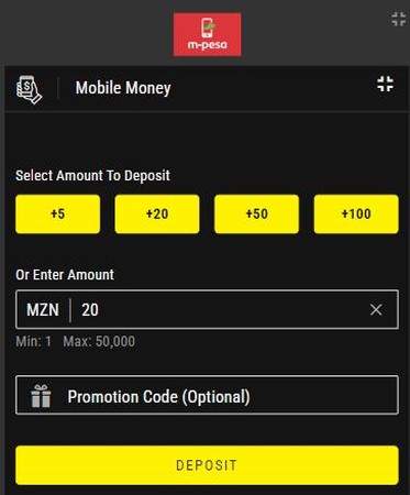 Skrini ya mfumo wa M-Pesa inaonyesha sehemu ya kuweka amana kwa kiasi maalumu kwenye huduma ya mtandaoni.