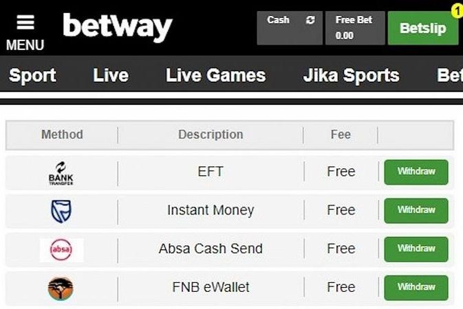 Picha ya skrini ya Betway inaonyesha njia mbalimbali za kutoa pesa kama EFT na eWallet.