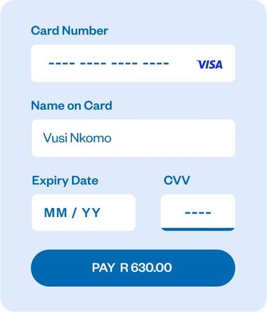 Fomu ya malipo ya mtandaoni ina nafasi za namba ya kadi, jina, tarehe ya mwisho na CVV pamoja na kitufe cha kulipa.