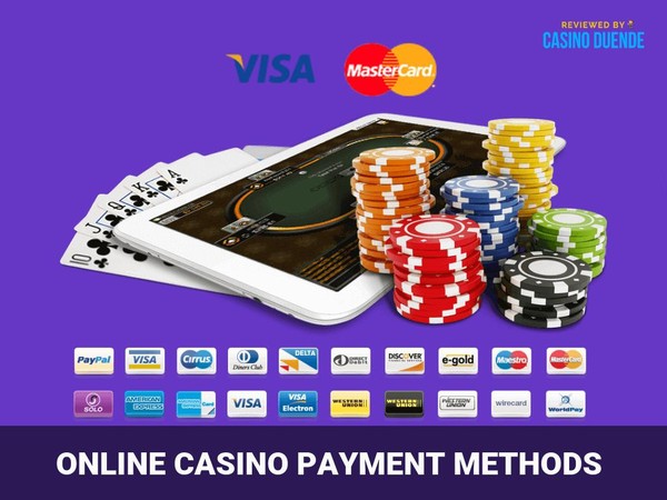 Mchoro wa njia za malipo za casino mtandaoni unaonyesha tablet, chips za poker na nembo za Visa na MasterCard.