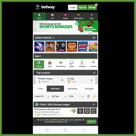 Skrini ya simu ya Betway inaonyesha michezo ya casino, sport na ligi mbalimbali kwenye programu ya kubeti.