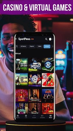 Tangazo la SportPesa kwenye simu linaonyesha casino na virtual games, likiwa na michezo mbalimbali ya kidijitali.
