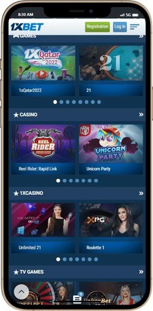 Skrini ya simu ya 1xBet inaonyesha sehemu za casino, TV games na michezo mingine ndani ya programu ya kubeti.