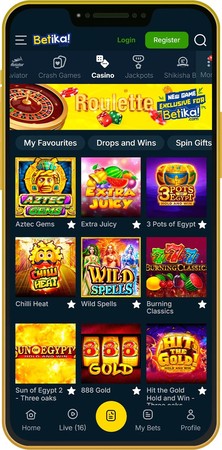 Picha hii inaonyesha skrini ya simu yenye programu ya Betika iliyofunguliwa kwenye sehemu ya casino na michezo mbalimbali ya slot.