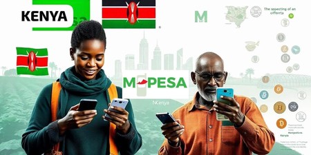 Picha ya mchanganyiko inaonyesha watu wawili wa Kenya wakitumia simu, pamoja na alama ya M-Pesa, bendera ya Kenya na vielelezo vya sarafu za kidijitali.