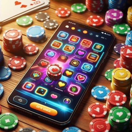 Simu ya kisasa inaonyesha aikoni za programu za mtindo wa casino zenye mwanga wa rangi, ikiwa imezungukwa na chips nyingi juu ya meza ya mbao.