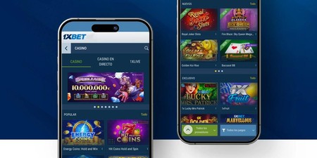 Picha inaonyesha simu mbili zenye skrini za programu ya 1XBET casino na michezo ya slot kwenye mandhari ya bluu.