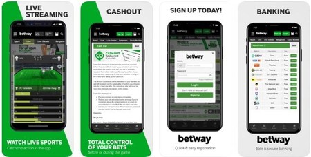 Picha ya matangazo ya Betway inaonyesha skrini nne za simu zenye vipengele vya live streaming, cashout, usajili na huduma za benki.