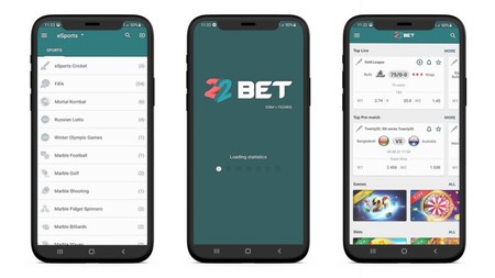 Skrini tatu za simu zinaonyesha programu ya 22BET ikiwa na sehemu za eSports, ukurasa wa kuanza na michezo ya kubashiri.
