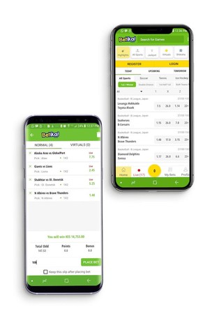 Simu mbili zinaonyesha programu ya Betika yenye orodha ya mechi, odds na slip ya dau kwenye mandhari meupe.