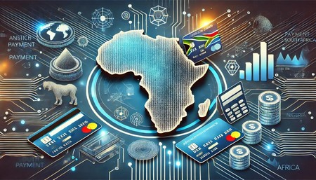 Mchoro wa ramani ya Afrika na alama za malipo ya kidijitali, kadi za benki, sarafu na grafu za ukuaji.